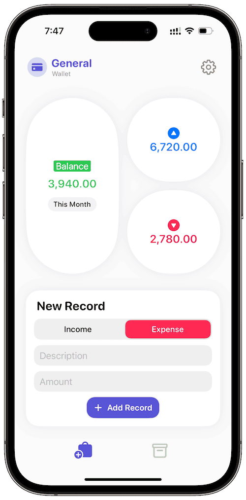 In Out income and expense tracker interface