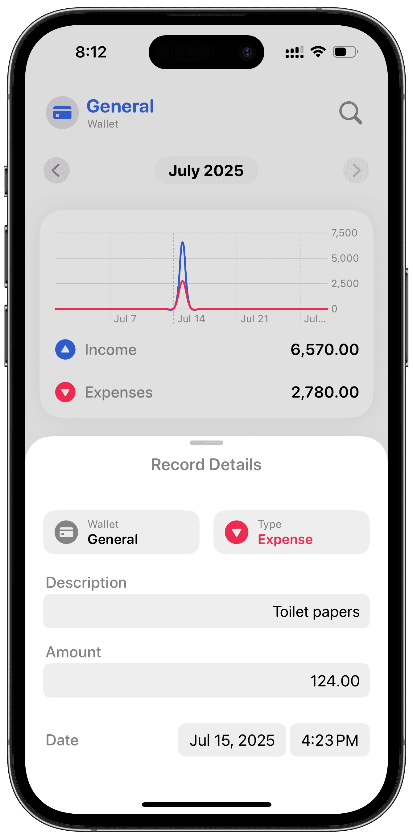 In Out expense record details interface