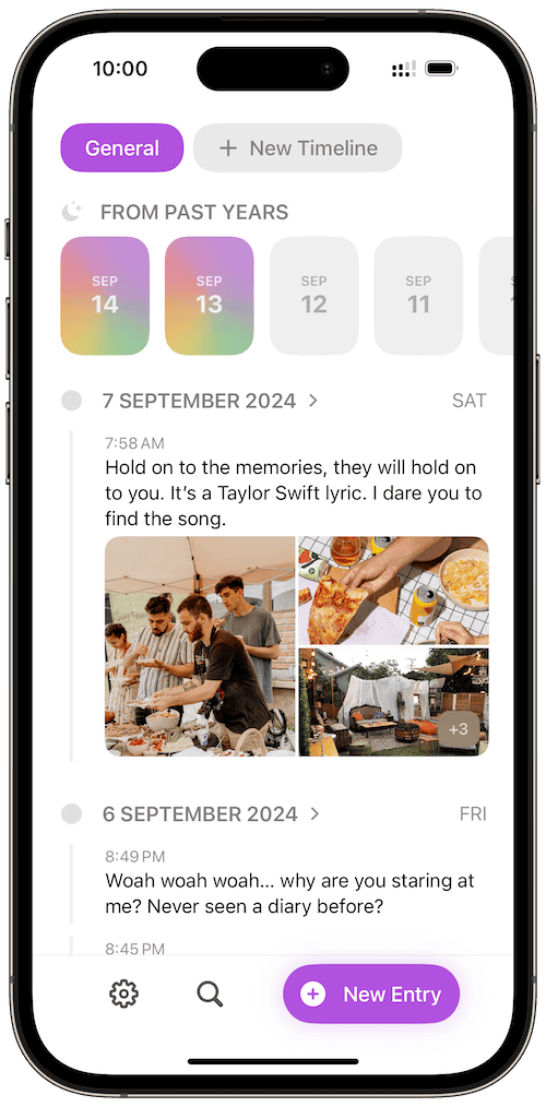 Timeline iOS app showing a personal life timeline